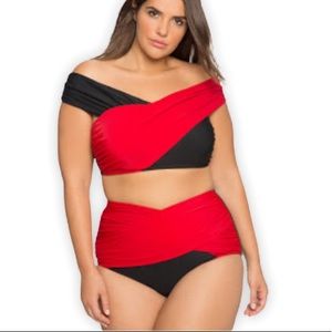 Eloquii Cross Front Off Shoulder Red Swim Top